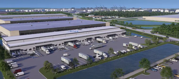 Aerial view of the Seabrook, Texas facility: the full dock face, truck court and dedicated parking.