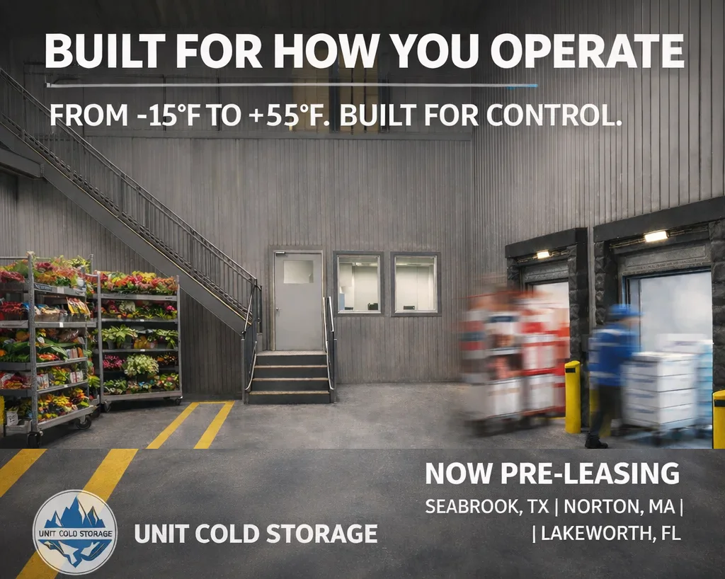 Inside a Unit Cold Storage bay: racks of produce and flowers on one side, a worker moving pallets to the dock doors on the other. Overlaid text reads Built for how you operate, from -15F to +55F, built for control. Now pre-leasing in Seabrook TX, Norton MA and Lake Worth FL.